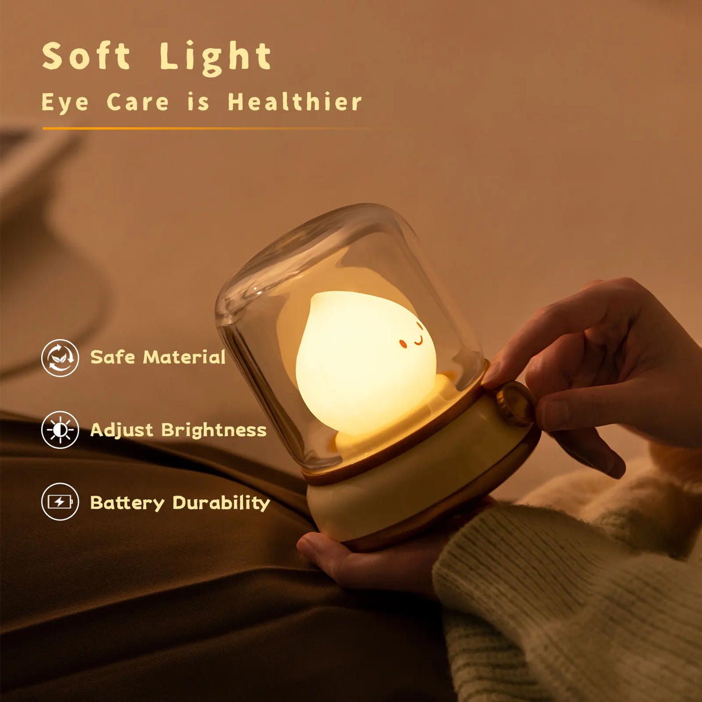 CosyGlow™ Dimmable LED Bedside Lamp – Cute, Rechargeable & Flame-Free Ambience
